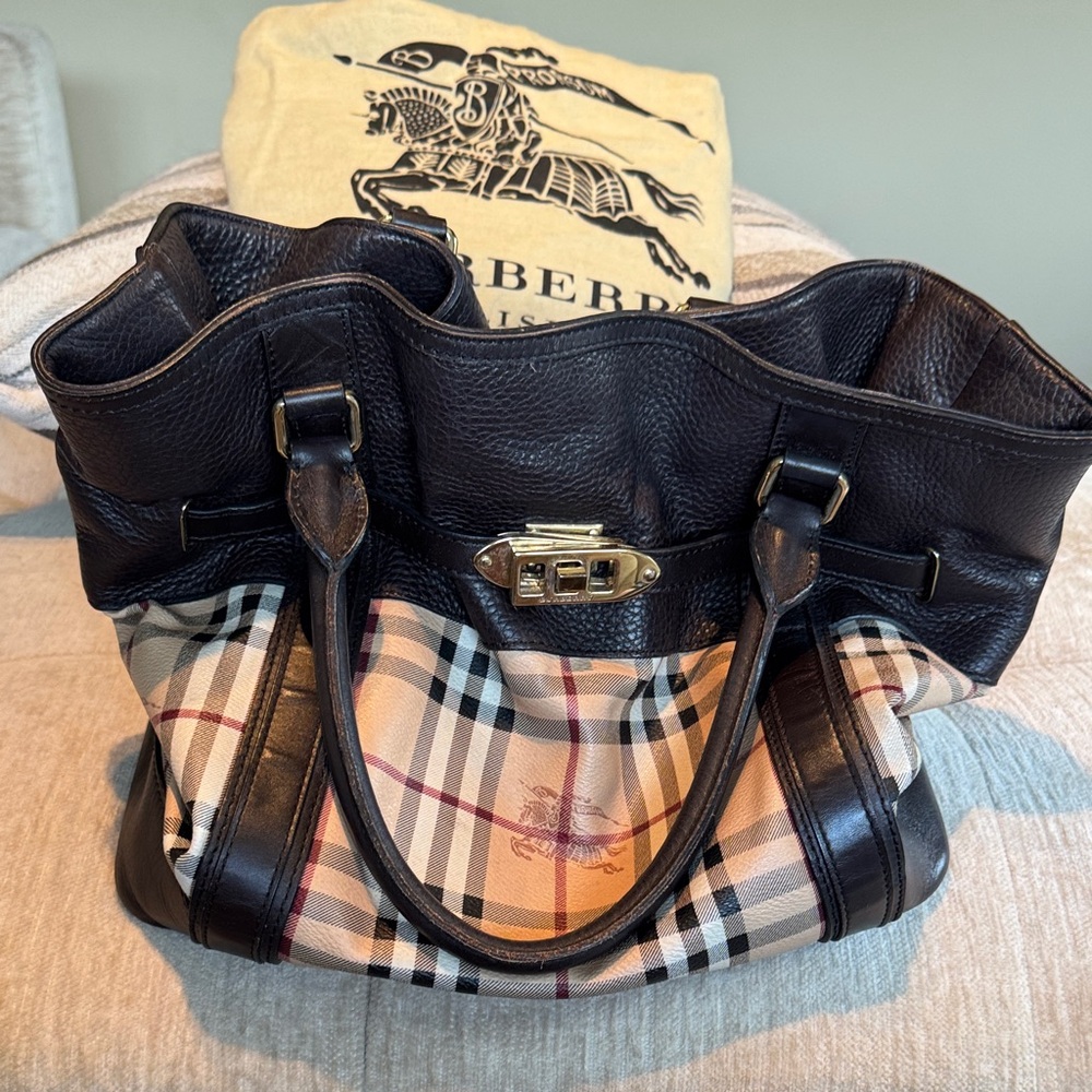 Burberry Black and Cream Checkered Tote